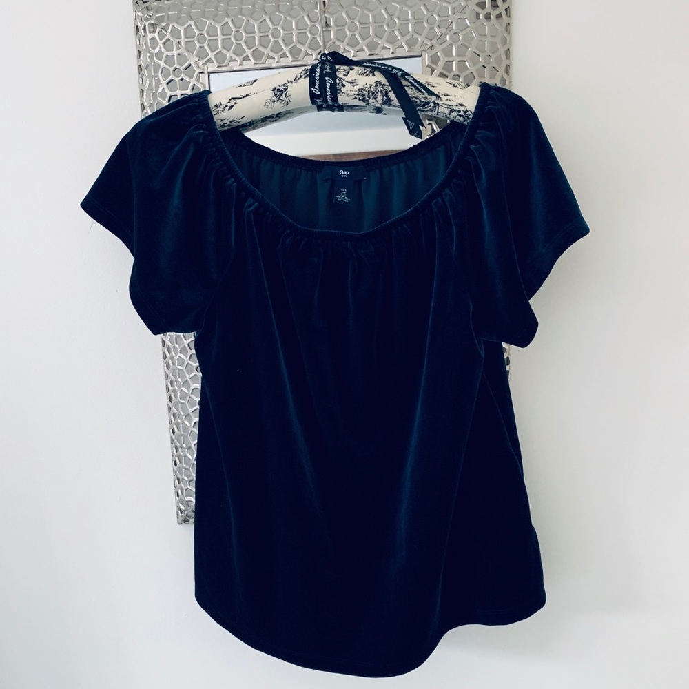 GAP Blue Off Shoulder Velour Short Sleeve Top